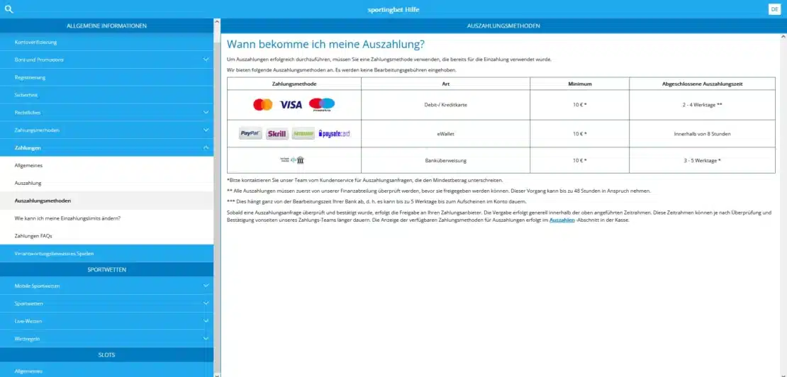 Auszahlungsmethoden und Dauer bei Sportingbet