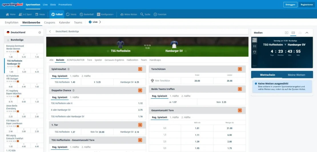 Wettmärkte zu einem Bundesliga Spiel bei Sportingbet