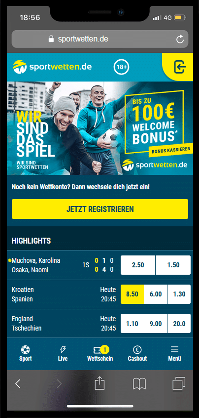 Startseite der Sportwetten.de App auf dem Smartphone