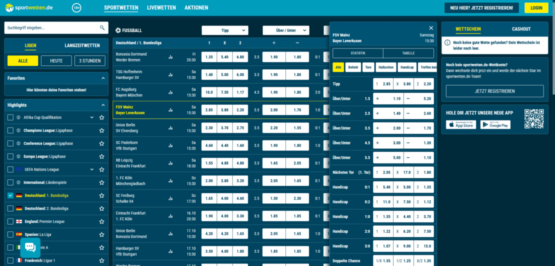 Wettmärkte zu einem Bundesliga Spiel bei Sportwetten.de