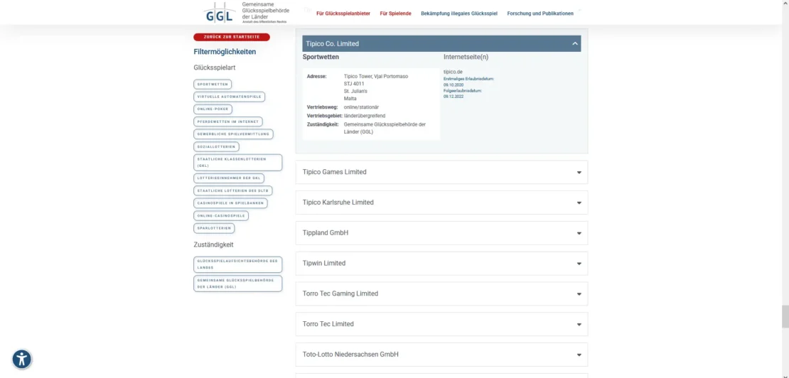 Eintrag von Tipico auf der Whitelist der GGL