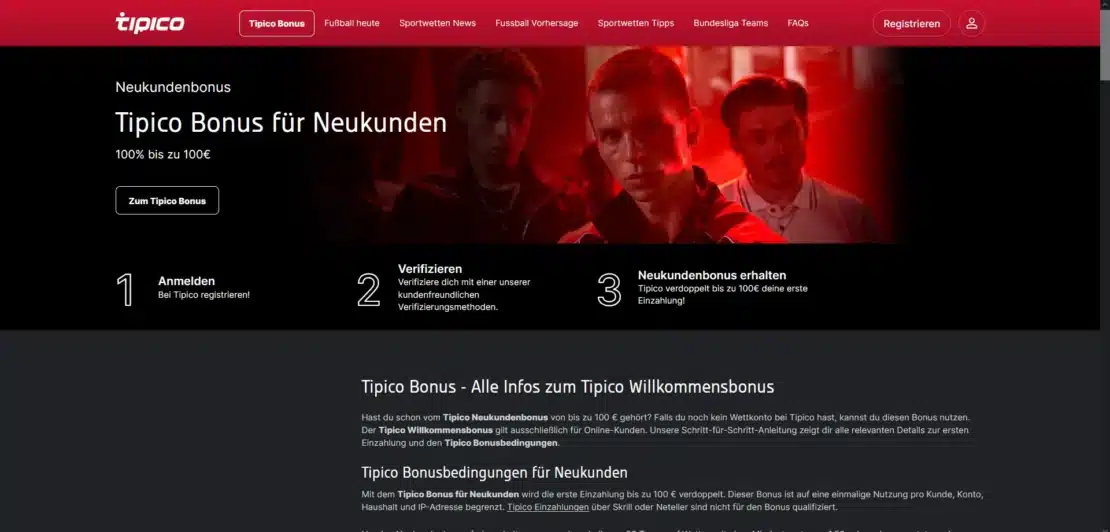 Tipico Sportwetten Bonus mit 100 Prozent bis 100 Euro