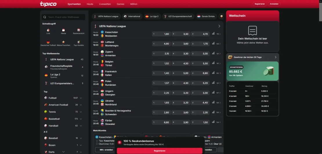 Startseite von Tipico am Desktop