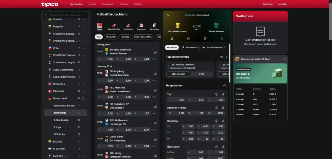 Wettmärkte zu einem Bundesliga Spiel bei Tipico