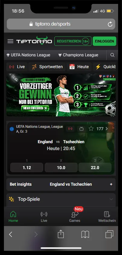 Tiptorro App mit Fußballspielen und Wettschein auf dem Smartphone