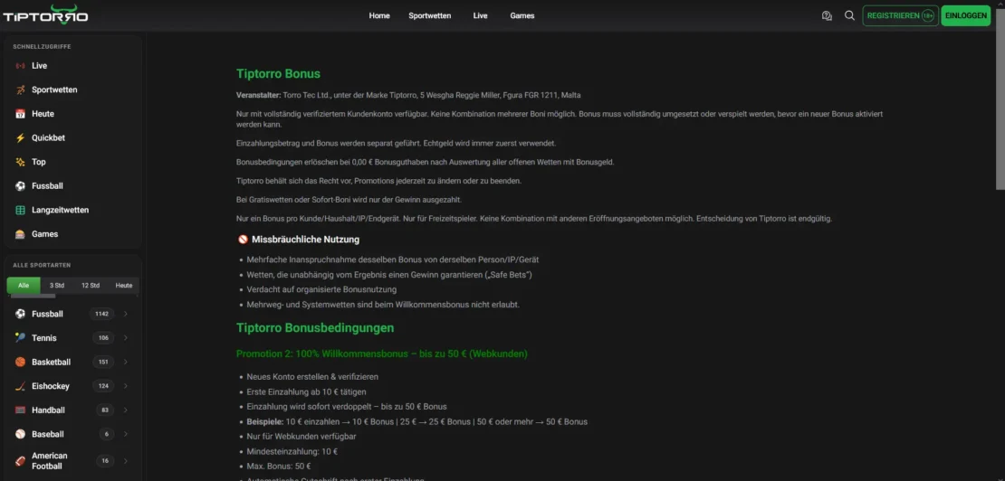 Tiptorro Willkommensbonus mit 100 Prozent bis 50 Euro