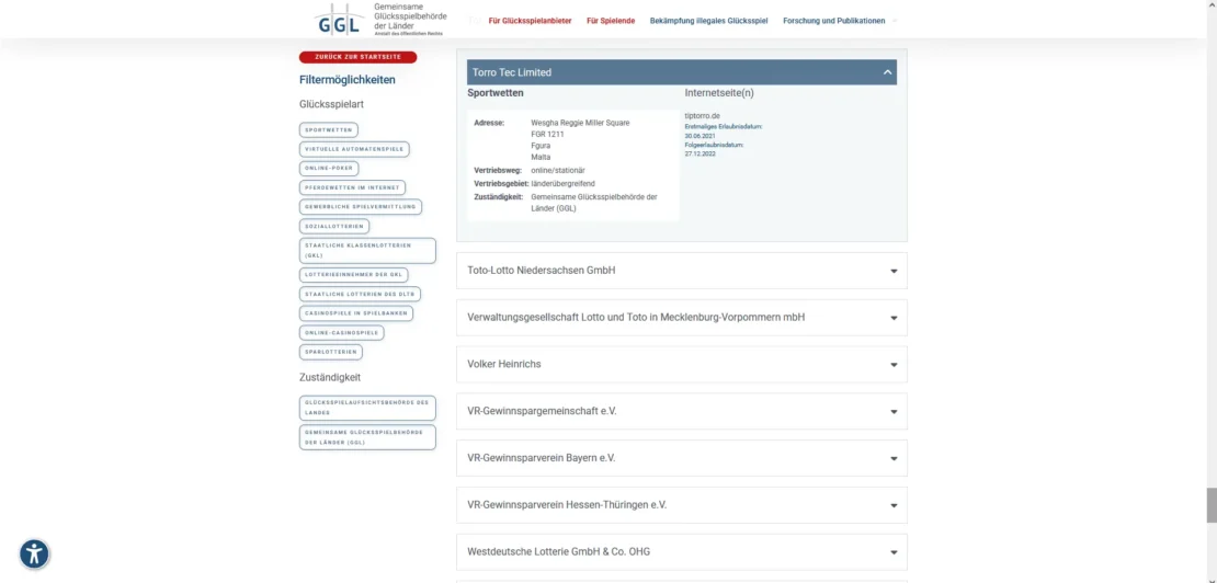 Eintrag von Tiptorro auf der Whitelist der GGL