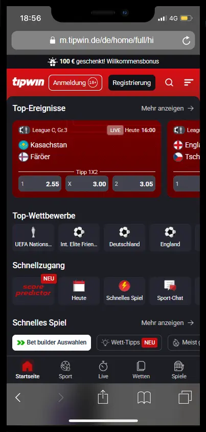 Startseite der Tipwin App auf dem Smartphone