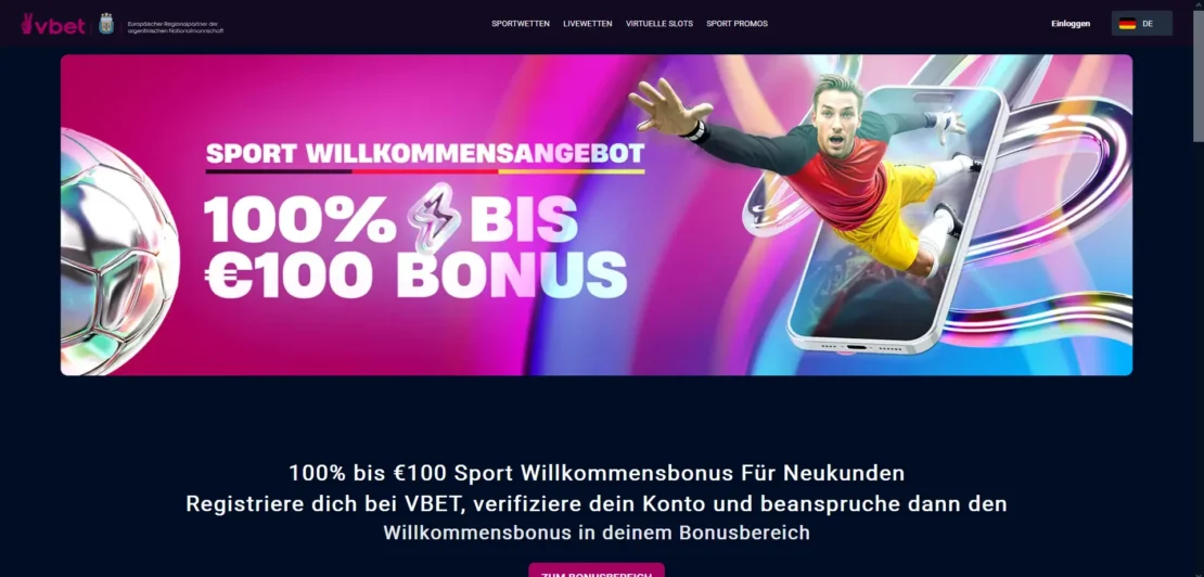 VBET Sport Willkommensangebot mit 100 Prozent bis 100 Euro