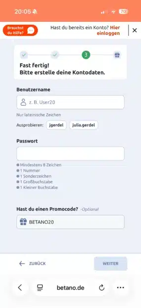 Feld für den Bonus Code bei der Einzahlung bei Betano