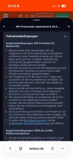 Ausschnitt aus den Bonusbedingungen von Betano mit ausgeschlossenen Märkten