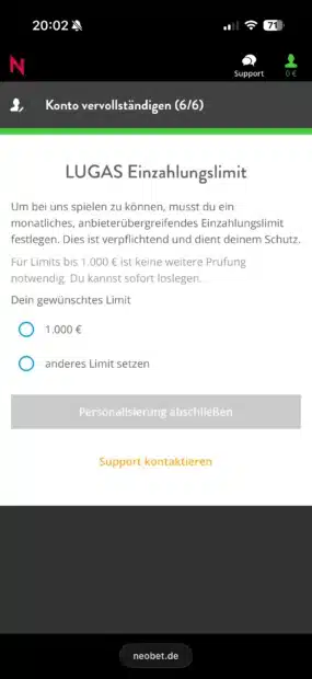 Festlegen des monatlichen Einzahlungslimits bei der Registrierung