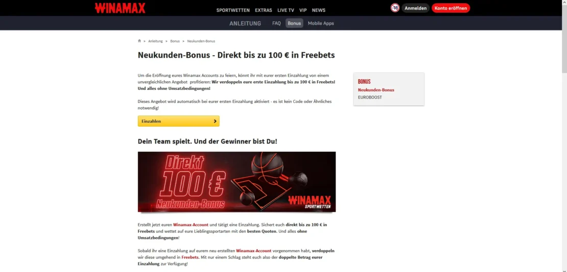 Winamax Bonus mit bis zu 100 Euro in Freebets