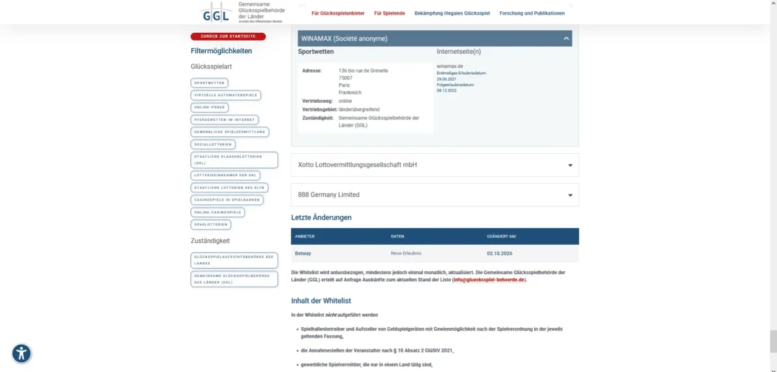 Eintrag von Winamax auf der Whitelist der GGL