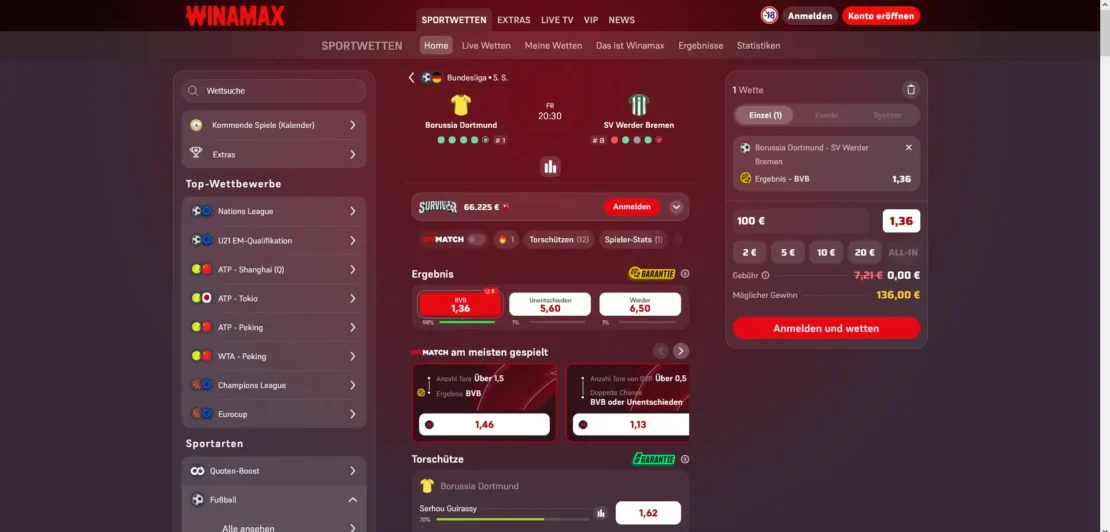 Wettmärkte zu einem Bundesliga Spiel bei Winamax