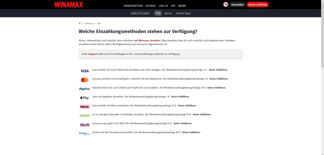 Einzahlungsmethoden bei Winamax mit Mindestbeträgen